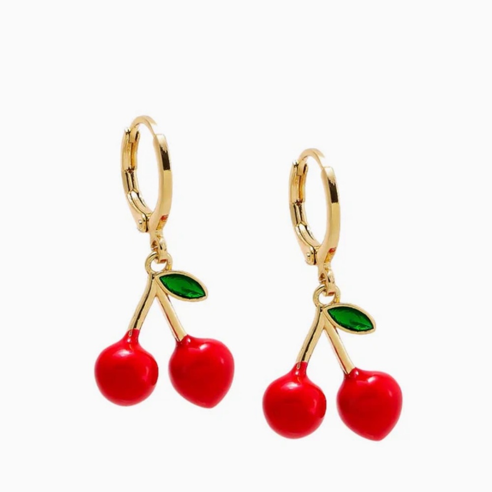 NWOT Adina Eden Red Enamel Cherry Huggie Earrings